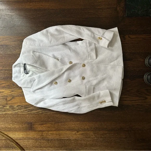 ZARA Tweed Blazer White Chanel Style Blogger Double Breasted Small Jacket - Picture 3 of 5